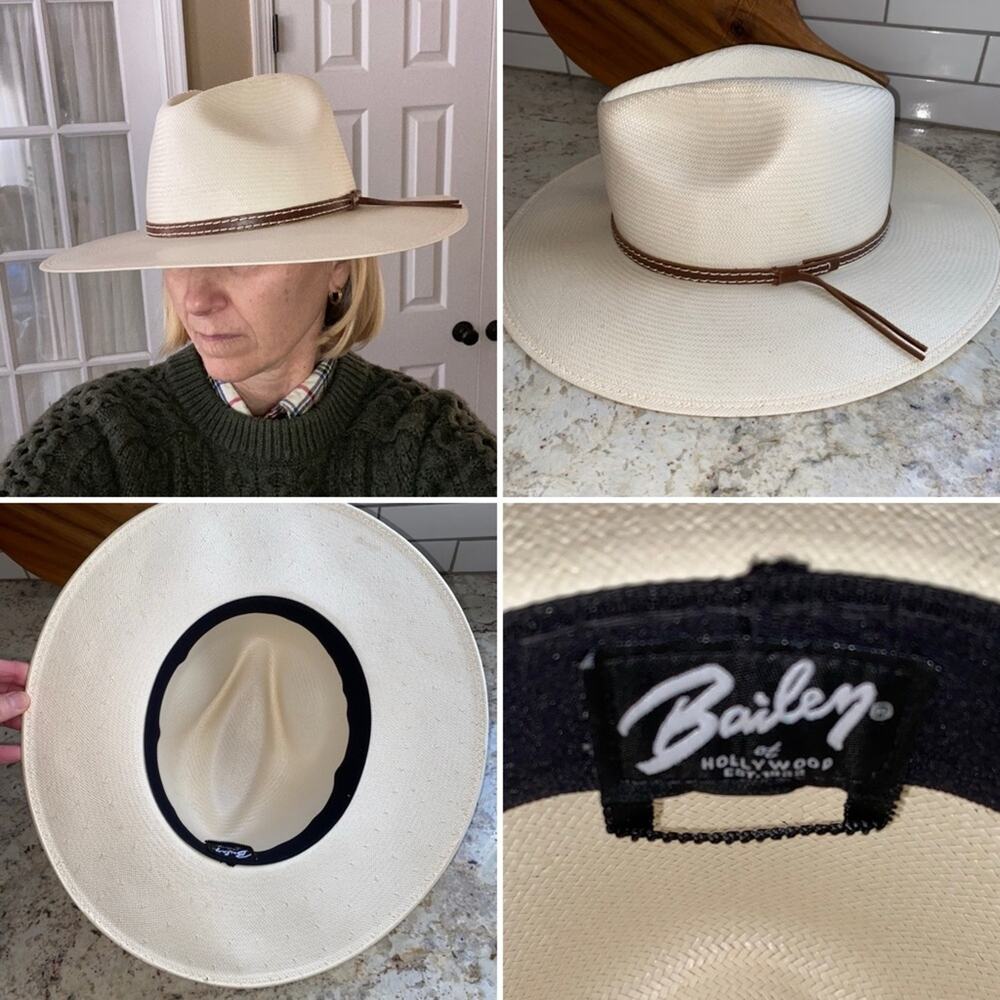 BAILEY OF HOLLYWOOD $200 Stetson Hat, White w brown leather band 8” EUC